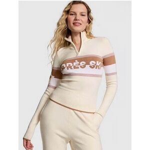 VICTORIAS SECRET PINK VARSITY KNIT HALF-ZIP APRES SKI SWEATER CREAM/TAN NEW XXL*